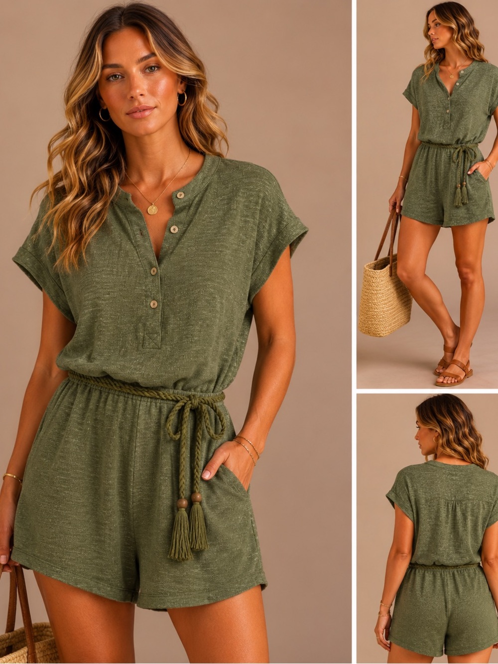 Olive Green Short-Sleeve Romper with Tassel Tie